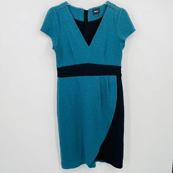 Maeve Anthropologie Size Medium Teal & Black Splitshade Tulip Hem Vneck Dress - Picture 2 of 10